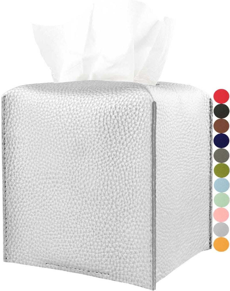JESMINI Silver Tissue Box Cover Leather – Square Tissue Box Holder with Bottom Belt by , Modern PU Leather Cube Tissue Holder for Bathroom Vanity Countertop/Night Stands/Office - Image 1